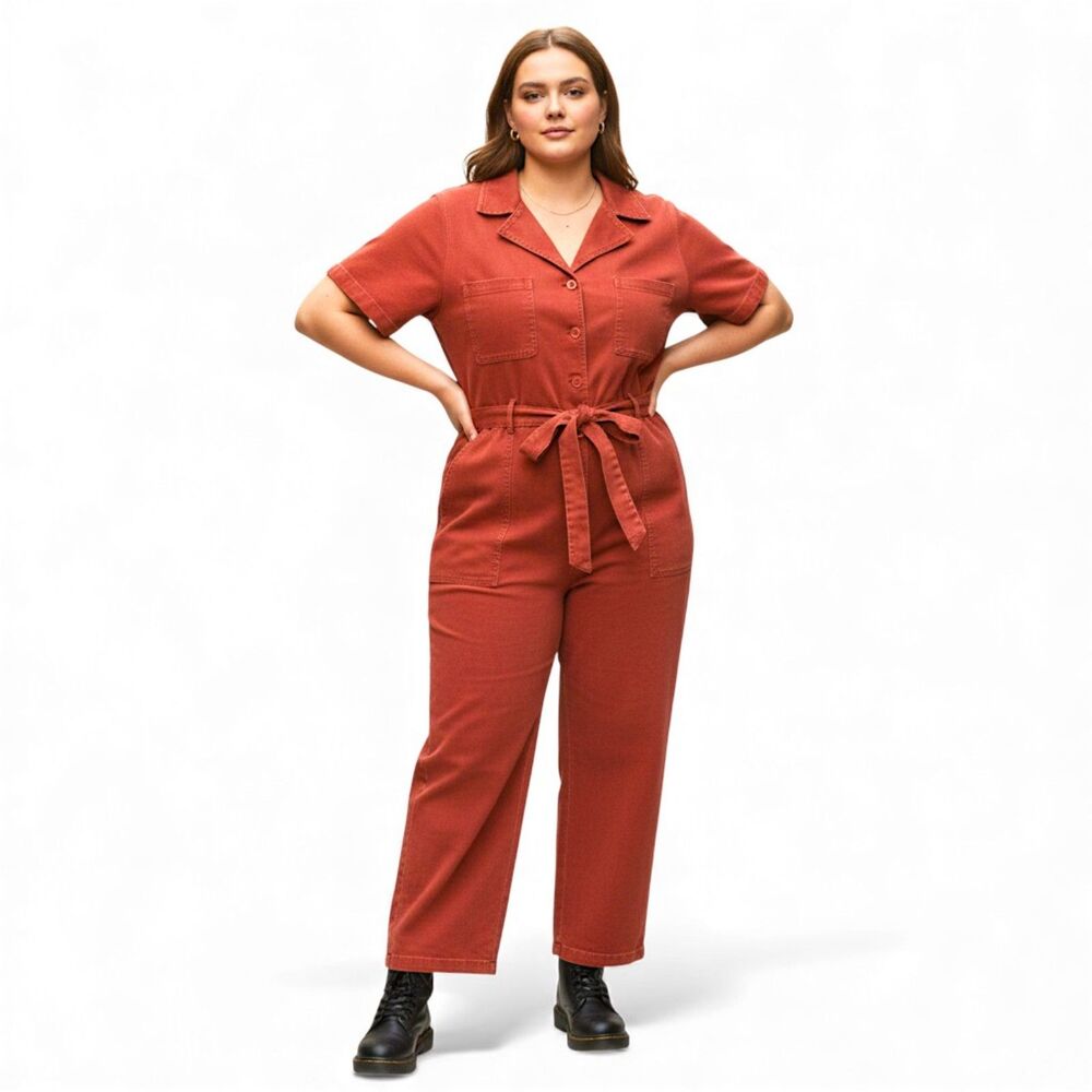 SKIES ARE BLUE Short Sleeve Button Front Jumpsuit Size 3X Rust Orange NEW